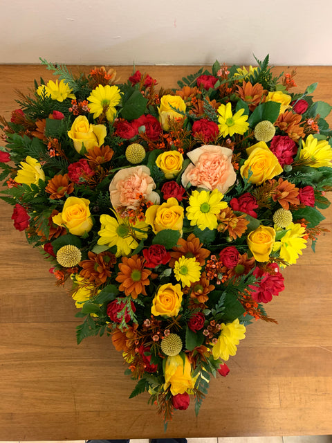 Bright and Colourful MIxed Flowers Solid Heart Tribute