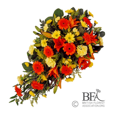 Bright Orange and Yellow Mixed Flower Single-Ended Coffin Spray