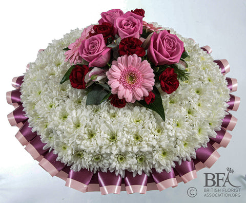 Solid-Based Posy Pad with Coloured Ribbon and Matching Floral Spray