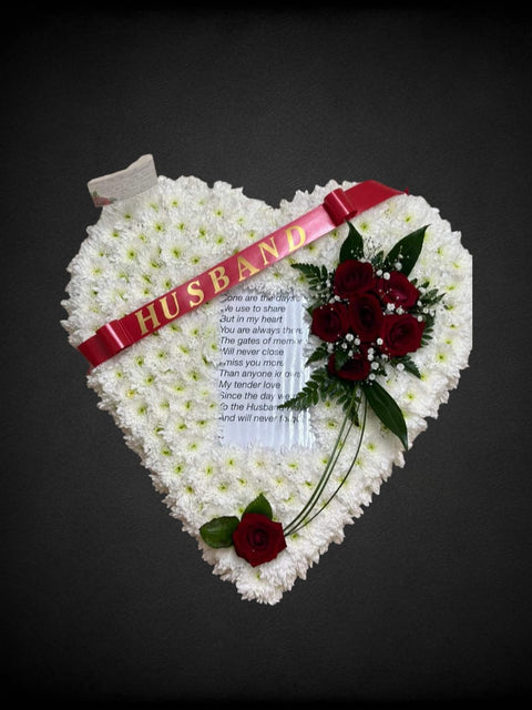 Solid White Heart Tribute with Ribbon Edge and Corner Spray  Description: