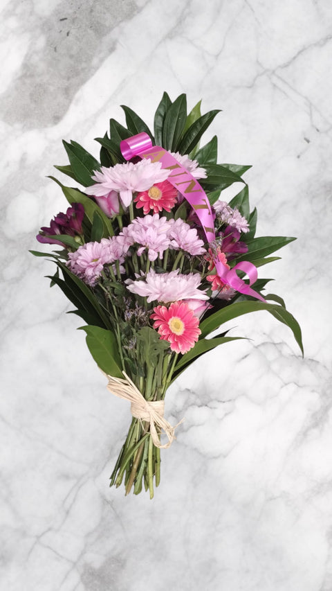 Pink Seasonal Flower Flat Spray with Greenery